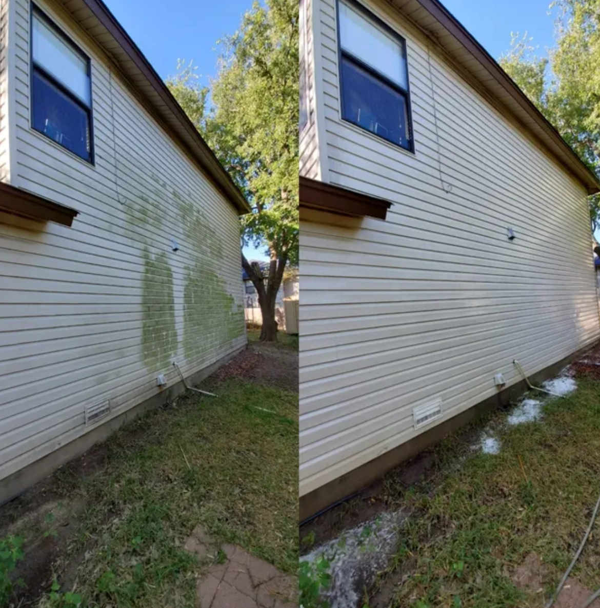 Pressure washing before and after — vinyl siding covered in green algae on the left, clean bright siding on the right